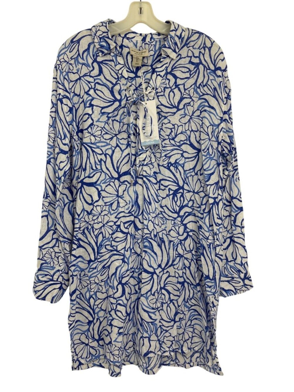Martha Stewart Linen Blend Sun & Swim Cover Up Top Blue White Size Large NEW
